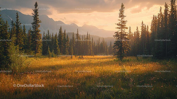 Golden Hour in a Tranquil Pine Forest Meadow