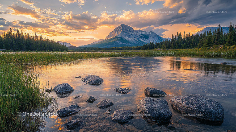 Majestic Mountain Range at Sunset with Reflective Lake