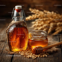 Organic Honey and Wheat on Rustic Table