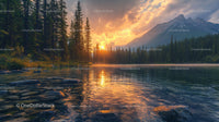 Serene Sunset Over Mountain Lake with Evergreen Trees