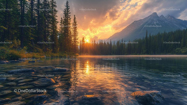 Serene Sunset Over Mountain Lake with Evergreen Trees