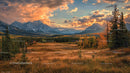 Scenic Mountain Landscape with Dramatic Sunset and Autumn Foliage