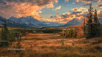 Scenic Mountain Landscape with Dramatic Sunset and Autumn Foliage