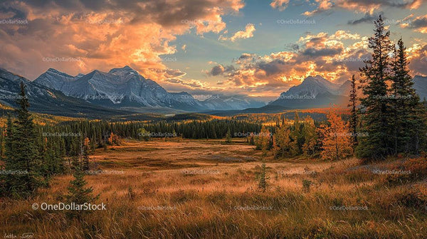 Scenic Mountain Landscape with Dramatic Sunset and Autumn Foliage