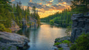 Tranquil River Flowing Through Rocky Landscape at Sunset