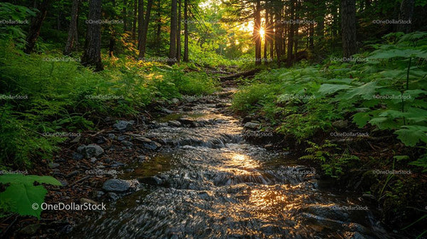 Serene Forest Stream with Sunlight Breaking Through Trees