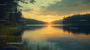 Serene Lake Sunset with Reflective Water and Forest Silhouette