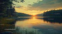 Serene Lake Sunset with Reflective Water and Forest Silhouette
