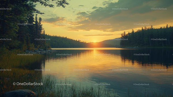 Serene Lake Sunset with Reflective Water and Forest Silhouette