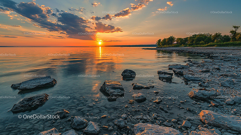 Serene Sunset Over Rocky Shoreline with Vibrant Sky