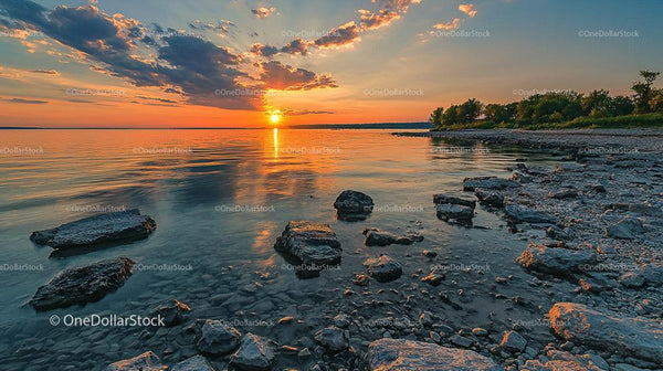 Serene Sunset Over Rocky Shoreline with Vibrant Sky