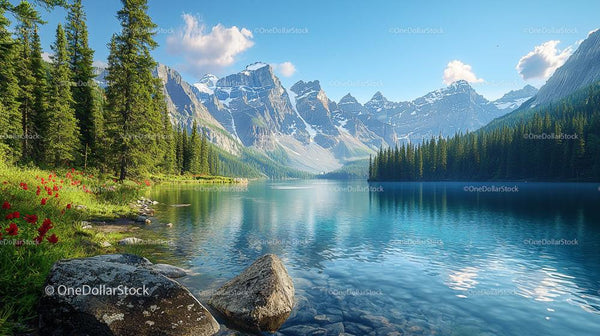 Scenic Alpine Lake with Snow-Capped Mountains and Pine Forest