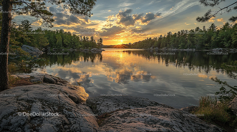 Golden Sunset Reflected Over Serene Lake Surrounded by Pines