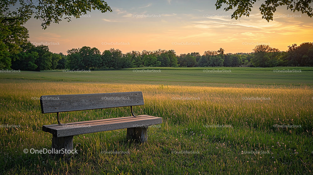 Rustic Wooden Bench in Peaceful Sunset Meadow