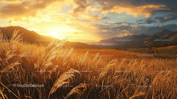 Golden Wheat Field at Sunset with Mountain Backdrop