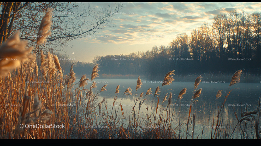 Misty Winter Morning with Reeds by a Frozen Lake