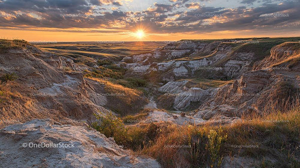 Sunset Over Rugged Canyon Landscape with Dramatic Skies