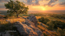 Majestic Sunset Over Rocky Hill and Countryside Landscape