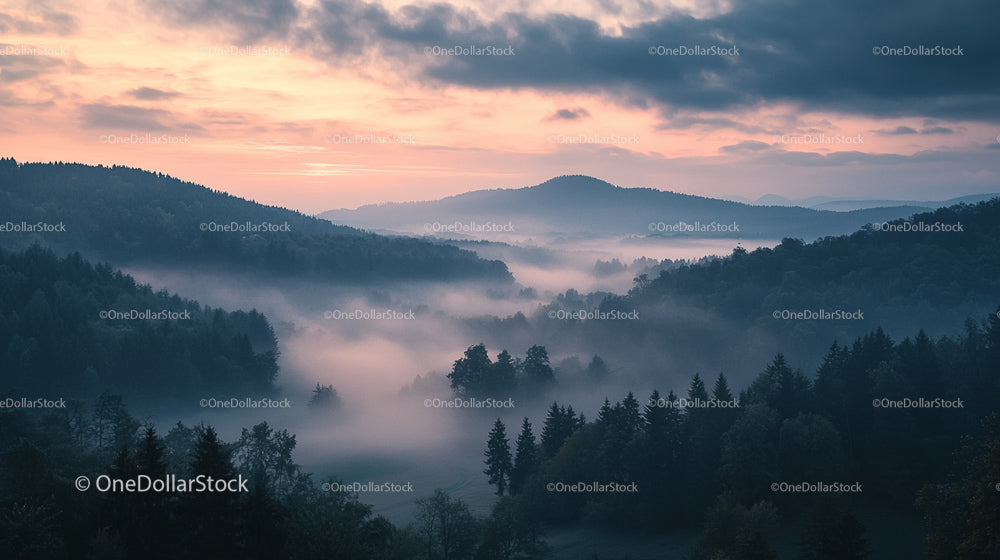 Misty Forest and Gentle Sunrise Over Rolling Hills