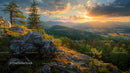 Breathtaking Sunset Over Mountainous Landscape with Pine Trees