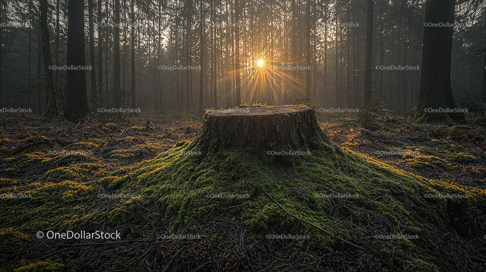 Sunrise Through Misty Forest with Moss-Covered Tree Stump