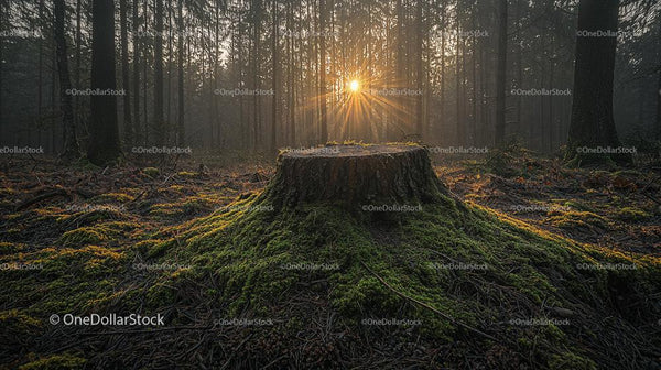 Sunrise Through Misty Forest with Moss-Covered Tree Stump