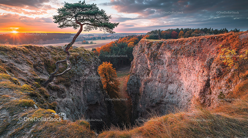 Lonely Tree on a Cliff at Stunning Sunset