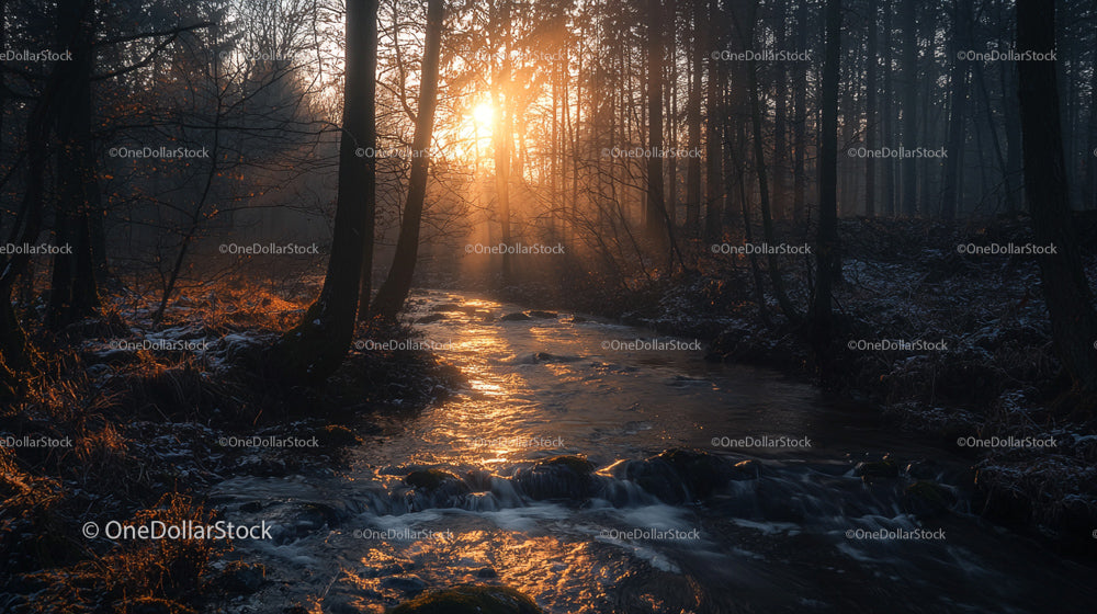 Sunset Glowing Through Tranquil Forest Creek