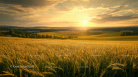 Golden Wheat Field and Sunset Over Rolling Hills