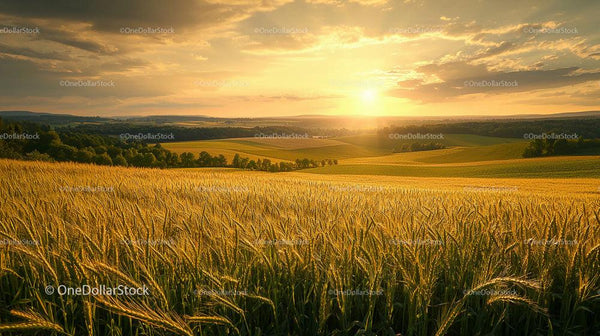 Golden Wheat Field and Sunset Over Rolling Hills