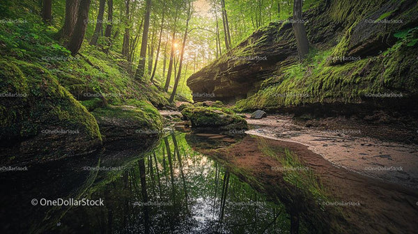 Sunlit Forest with Mossy Rocks and Reflective Stream