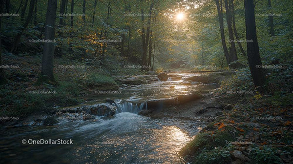 Sunlit Forest Stream with Gentle Waterfall in Tranquil Woodland