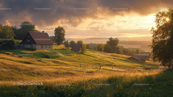 Charming Countryside Landscape with Cottage at Sunset