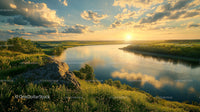 Tranquil Sunset Over Serene River with Lush Green Landscape