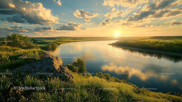 Tranquil Sunset Over Serene River with Lush Green Landscape