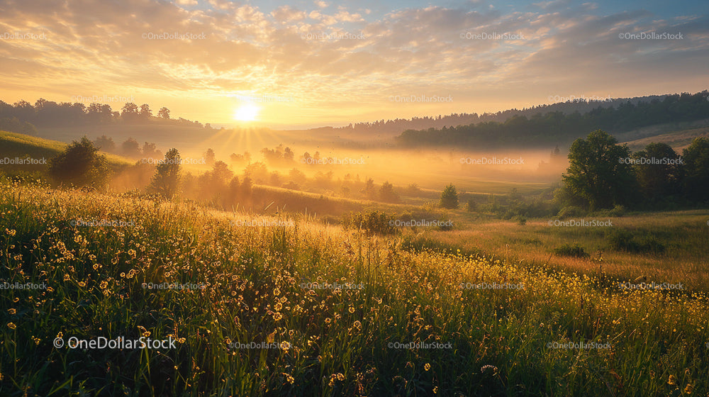 Misty Sunrise Over Rolling Hills with Golden Light