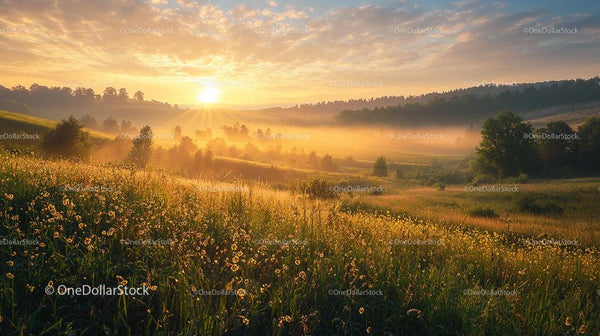 Misty Sunrise Over Rolling Hills with Golden Light