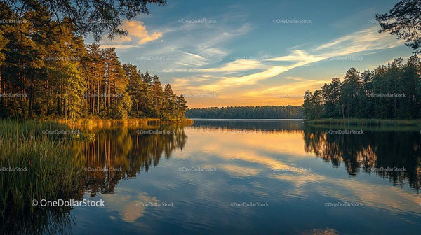 Scenic Lake at Sunset with Reflective Forest Views