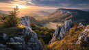 Dramatic Sunset Over Rocky Cliffs and Autumn Forest