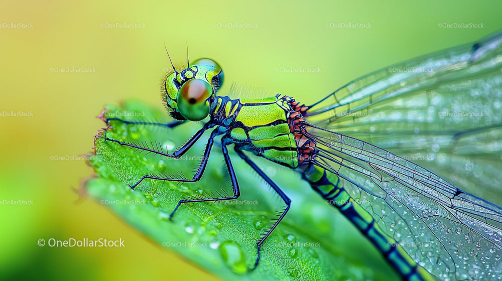Close-Up of Dragonfly Perched on Green Leaf