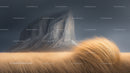 Majestic Mountain with Golden Meadow and Dramatic Sky