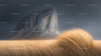 Majestic Mountain with Golden Meadow and Dramatic Sky