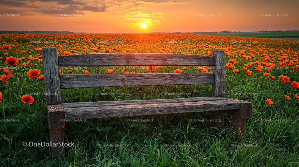 Rustic Wooden Bench Amidst Vibrant Poppies at Sunset