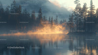 Misty Sunrise Over Serene Lake and Pine Forest