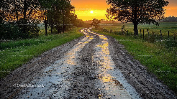 Dirt Road Through Fields at Sunset