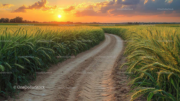 Golden Wheat Field With Country Road at Sunset
