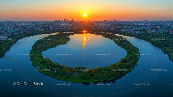 Scenic Sunset Over City Skyline and Meandering River
