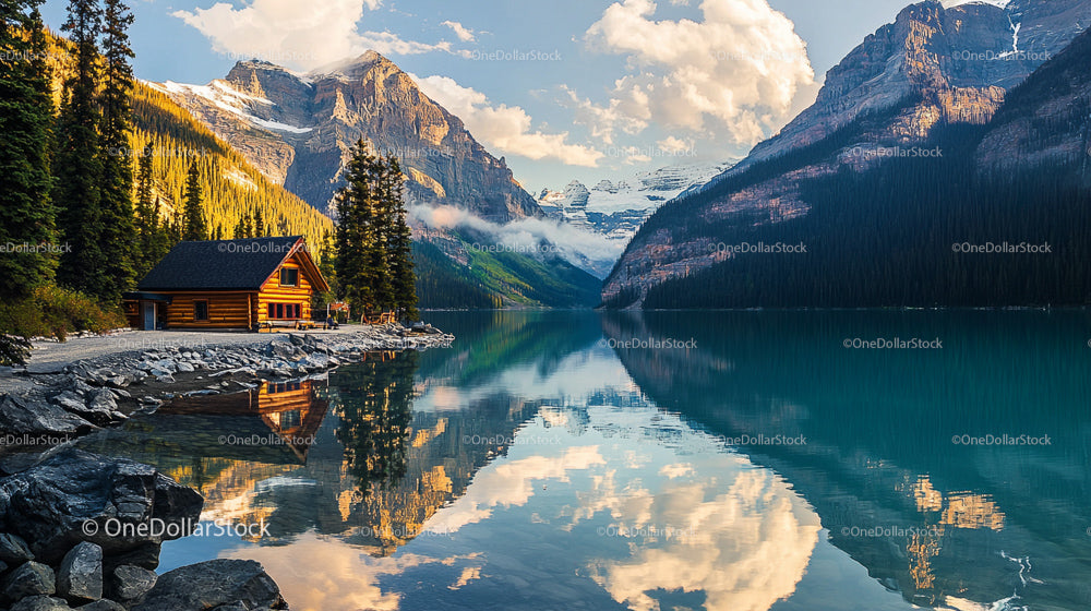 Tranquil Lake and Mountain Reflections with Wooden Cabin
