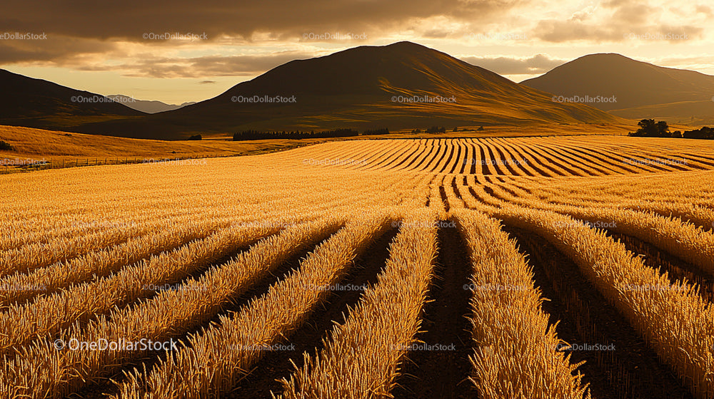 Golden Wheat Field at Sunset with Majestic Mountains