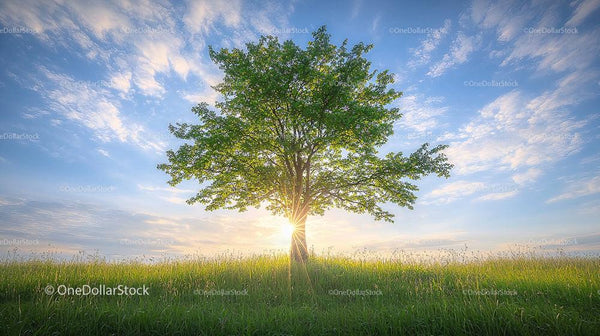Lone Tree at Sunrise in a Green Meadow